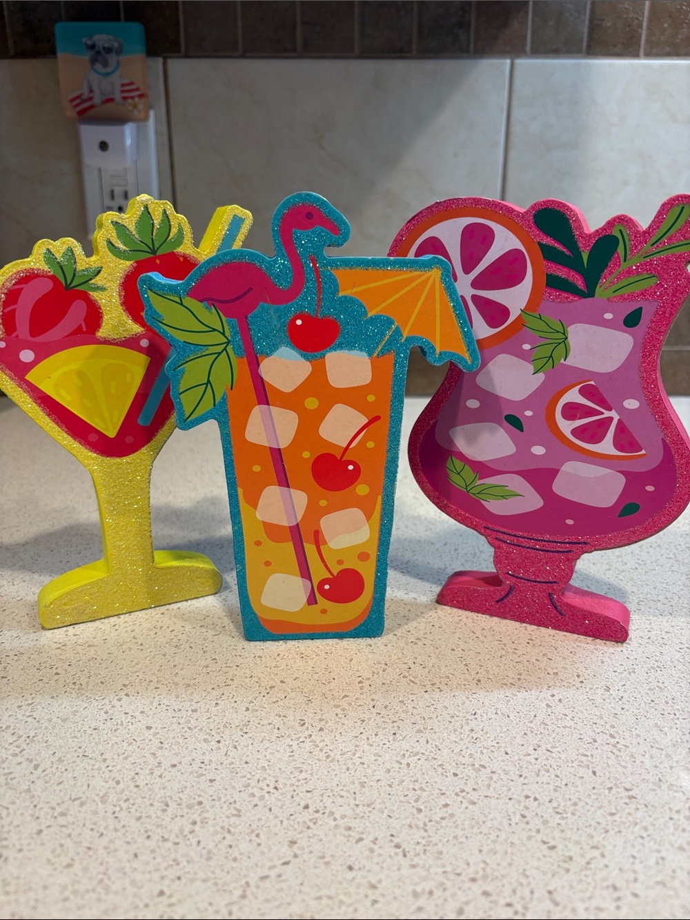 Tropical Glitter Cocktail Shelf Decor - Set of 3
